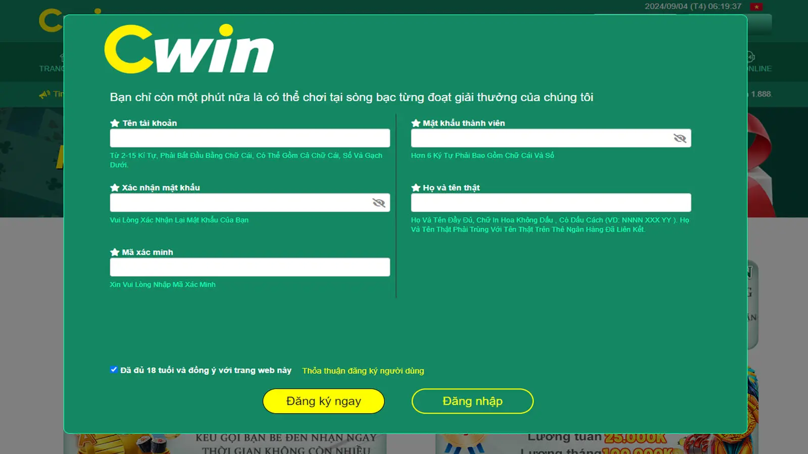 Giao diện đăng ký tài khoản hội viên Cwin